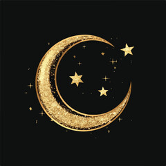 Naklejka premium Golden Moon and Star with Glitter, Islamic Golden Style