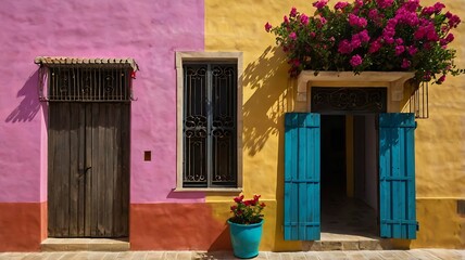Colorful houses with wooden doors and flowers on the wall