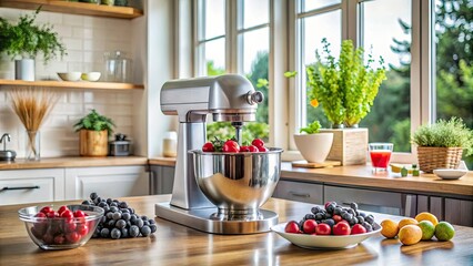 Modern kitchen mixer sitting on a countertop with assorted berries in a cozy, well-lit kitchen , modern, kitchen, mixer