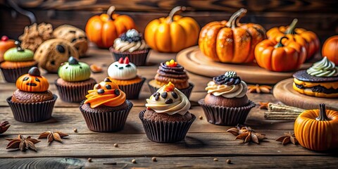 Close-up shot of Halloween-themed desserts and treats on a rustic wooden table, Halloween, desserts, treats, spooky, festive