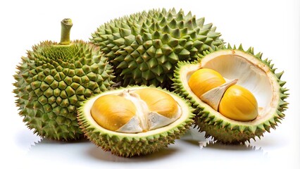 Unripe durians with one cut open, different shapes and sizes, Durians, unripe, tropical fruit, exotic, spiky, smelly