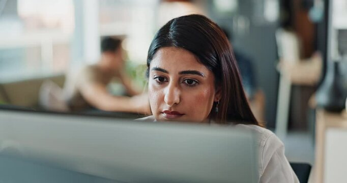 Computer, face and smile with business woman in office for administration, report or research. Desktop, programming and reading with happy Indian employee in creative workplace for web development