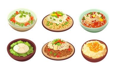 Various rice dishes on plates and bowls, collection food clip art vector, food set illustration