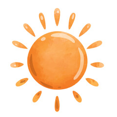 Yellow sun illustration in hand drawn watercolor style, hot summer weather design elements, isolated on white background, sun clip art vector