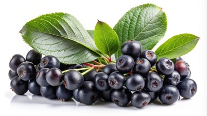 Fresh aronia berries and leaves on a branch, isolated on a background, aronia, berries, fruit, fresh, branch, leaves, natural