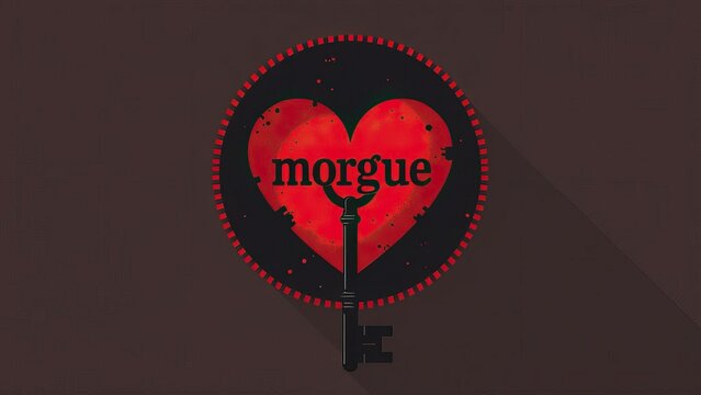 Dark heart with skeleton key design in red and black featuring the word "morgue" - mortuary logo concept