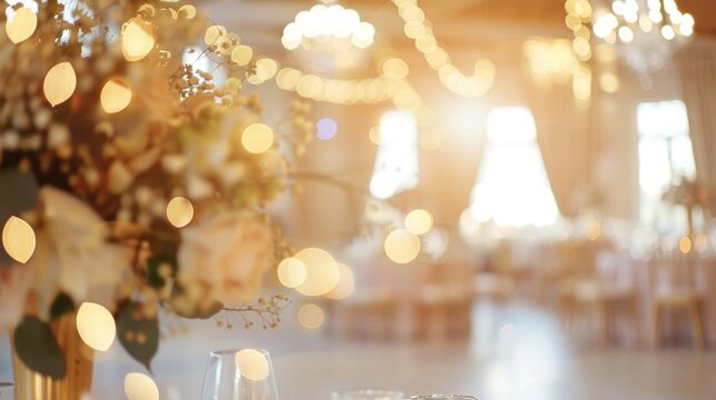 Defocused glamour and opulence radiating from every corner of a wedding reception hall.