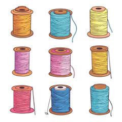 Colorful Cartoon Sewing Threads and Yarn Spool Set Illustration