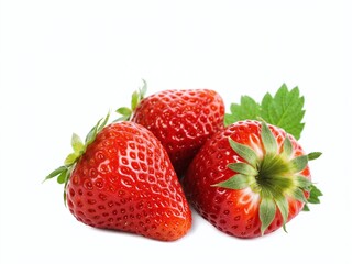 Fresh and Juicy Ripe Strawberries with Green Leaves, Captured on a White Background