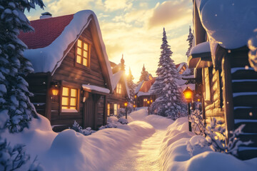 Fototapeta premium Winter Village at Sunset with Snow-Covered Houses