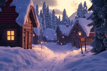 Winter Village at Sunset with Snow-Covered Houses