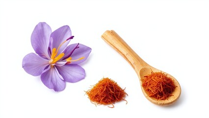 Fresh Red Saffron Threads and Lush Purple Flower Isolated on White