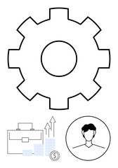 Gear, briefcase, upward money growth chart, and user profile icon represent business, finance, and management themes. Ideal for business planning, financial growth, career development