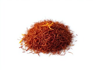 Fototapeta premium Isolated Saffron Threads Piled on White Background Showcasing Intricate Texture and Unique Deep Color of This Prized Spice