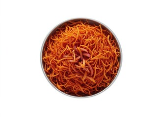 Fototapeta premium Delicate Saffron Threads Inside Round Metal Container Isolated on White Background
