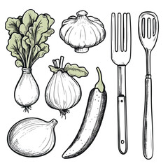 Cartoon Engraving of Colorful Vegetables and Kitchen Utensils for Cooking Illustration
