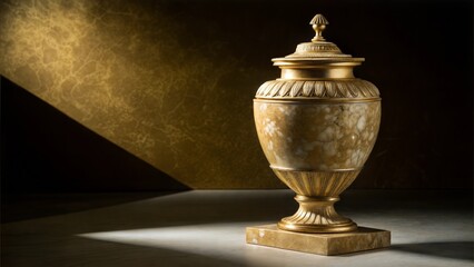 Golden funeral urn against dark studio background