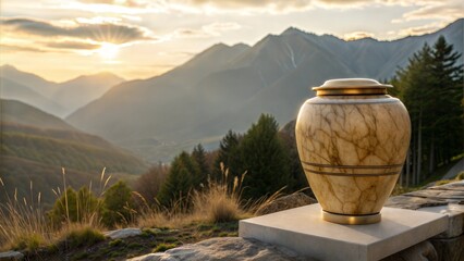 Golden funeral urn against beautiful sunset nature background in mountains