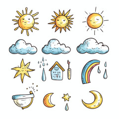 Weather Cartoon Set with Cute Hand Drawn Sun and Cloud Characters
