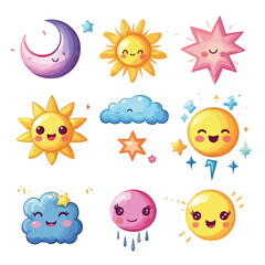 Weather Cartoon Characters Set: Cute Kawaii Style