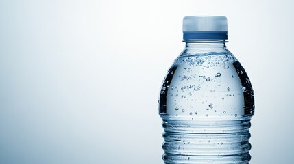 Close-Up of a Modern, Transparent Water Bottle with Safety Cap on White Background, Half-Filled with Clear Water, Representing Hydration and Drinking Safety. Minimalist Design with Ample Copy Space, H