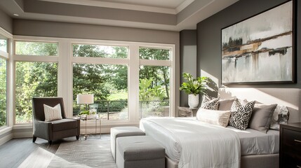 Fototapeta premium Large bedroom with a cozy bed, comfortable chair, and beautiful painting hanging on the window wall