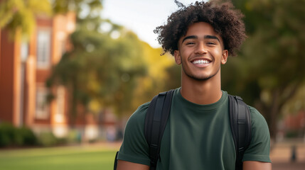 Fototapeta premium young man with curly hair smiles brightly while wearing backpack, set against backdrop of trees and buildings, conveying sense of joy and confidence.