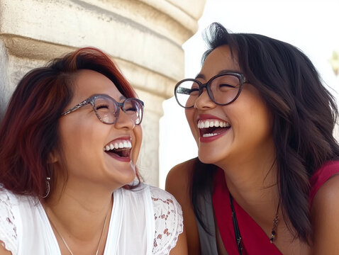 Hermanas gemelas con gafas riendose