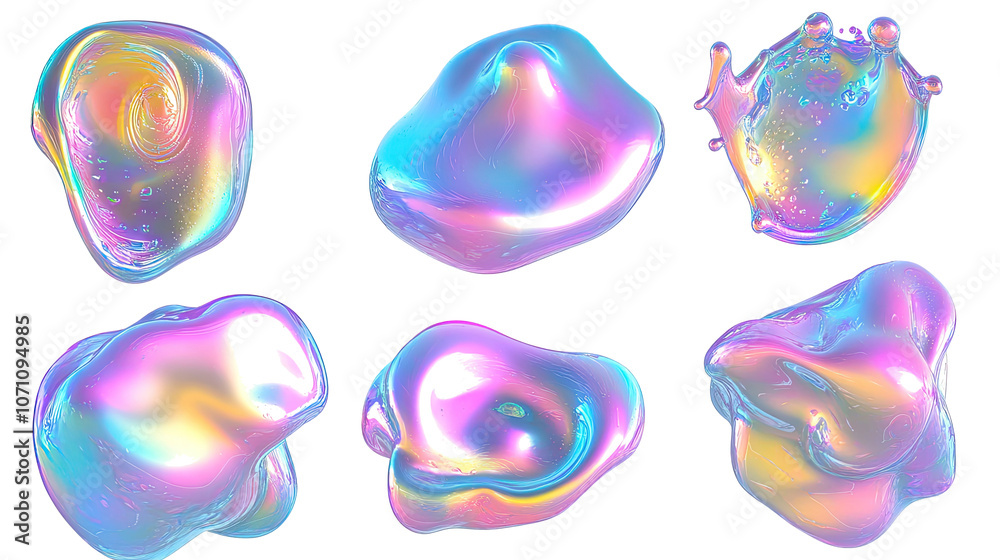Poster Colorful Iridescent Fluid Blobs on Clear Background Generative AI