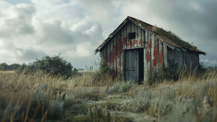 Obraz premium Rustic Shed: An old wooden shed in the middle of an overgrown field, with faded paint and a sagging roof.