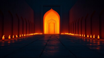 Fototapeta premium Glowing Archway with Candles in a Dark Hallway