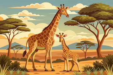 A mother giraffe with her baby