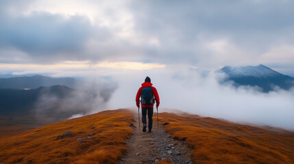 Obraz premium person hiking on mountain trail surrounded by clouds and scenic views. landscape features golden grass and distant peaks, creating serene atmosphere.