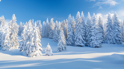 Naklejka premium The pine forest transforms into a winter wonderland, with snow-laden trees creating a serene and tranquil atmosphere.