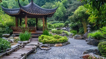 Fototapeta premium The tranquil pavilion is set in lush gardens with vibrant greenery and walking paths.