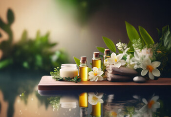 Fototapeta premium A wooden board displays spa products and natural elements for a relaxing and rejuvenating experience.