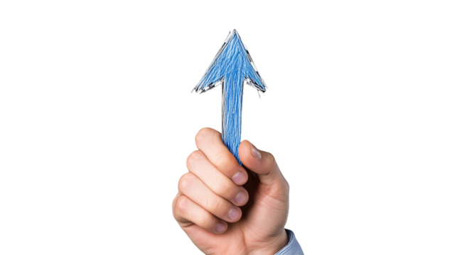 Hand with blue arrow pointing up, transparent background - Powered by Adobe