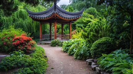 The tranquil pavilion is set in lush gardens with vibrant greenery and walking paths.