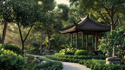 The tranquil pavilion is set in lush gardens with vibrant greenery and walking paths.
