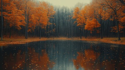 Fototapeta premium Tranquil Forest Scene with Lake and Autumn Colors