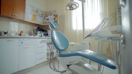 Modern dental office interior for World dentist day celebration. Dentist chair in a dentist's office. International Dentist day. Stomatology Day. Dental health concept