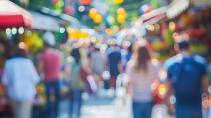 Defocused view of colorful stalls and shoppers at an outdoor market.