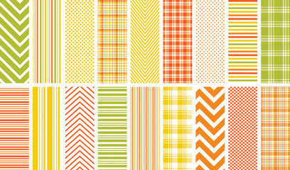 Summer seamless pattern set. 18 repeating patterns for fabric, backgrounds, apparel, paper, scrapbooking, gift wrap, and more. Green, yellow, orange. Citrus colors. Spring