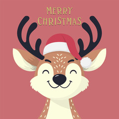 Fototapeta premium Merry Christmas banner. Cute cartoon deer in Santa hat. Vector illustration