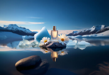 Naklejka premium A perfume bottle sits on a rock surrounded by glacial ice and water with two daisies in the foreground.