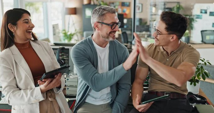 People, employees and high five with tablet for coding, programing and system update as software engineer. Well done, office and proud or happy for innovation project, teamwork and data development