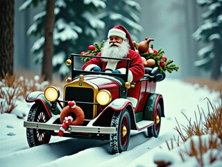 Festive Santa Claus joyfully driving a vintage car through a snowy forest, spreading Christmas cheer.