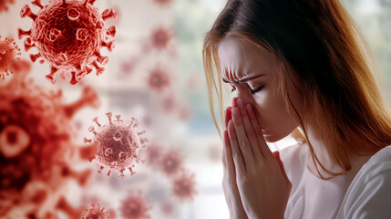 Flu season awareness: woman with runny nose and virus cells for health and safety campaigns. Horizontal banner. Copy space. Flu vaccination concept. Health care, protection against viral diseases
