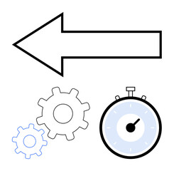 Left arrow two gears in different sizes stopwatch. Ideal for productivity, efficiency, time management, workflow, process improvement, direction, and engineering concepts. Line metaphor