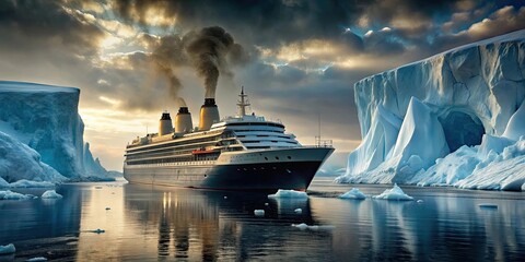 Fototapeta premium Huge steam transatlantic passenger cruise liner navigating through icebergs in the dark night winter sea